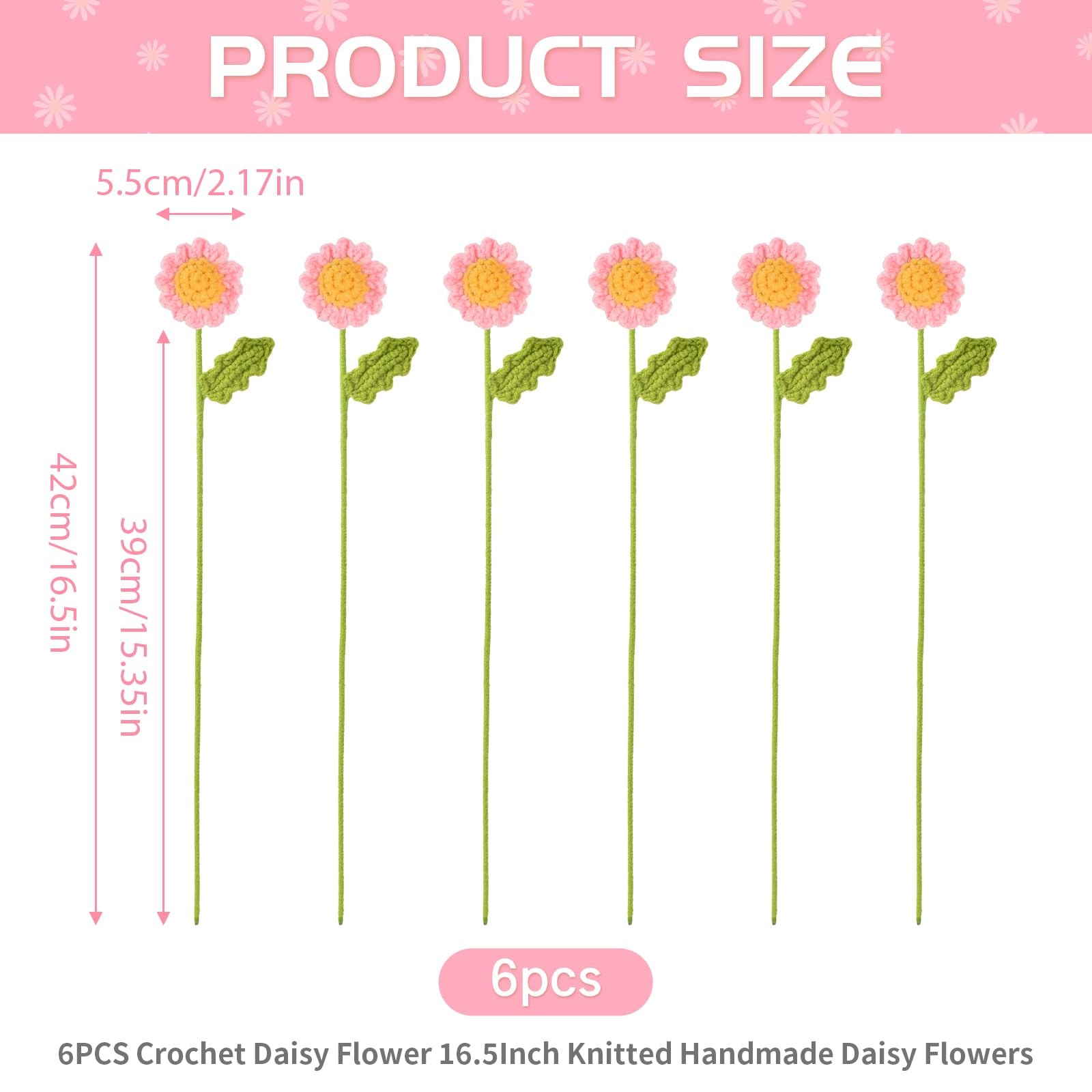 6PCS Crochet Daisy Flower 16.5Inch Knitted Handmade Daisy Flowers Cotton Knit…