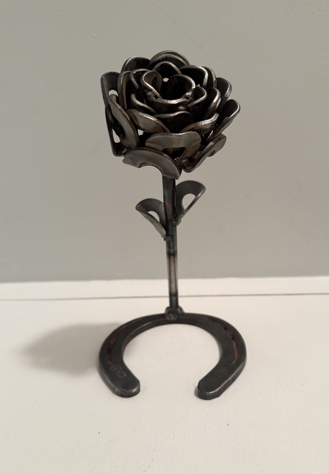 Handcrafted Custom Welded Metal Single Rose on Horseshoe