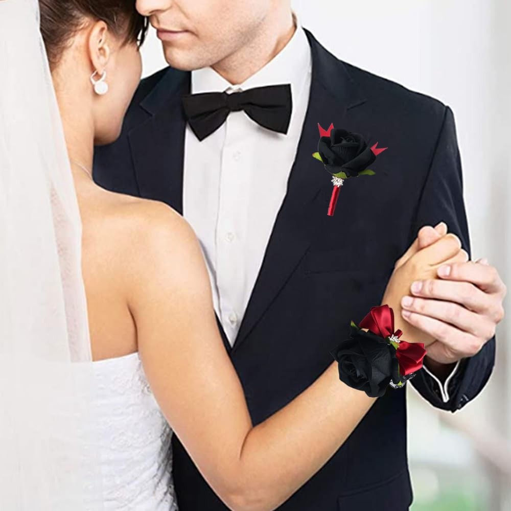 2 PCS Red Black Rose Wrist Corsage Boutonniere Set Wedding Prom Party Decor