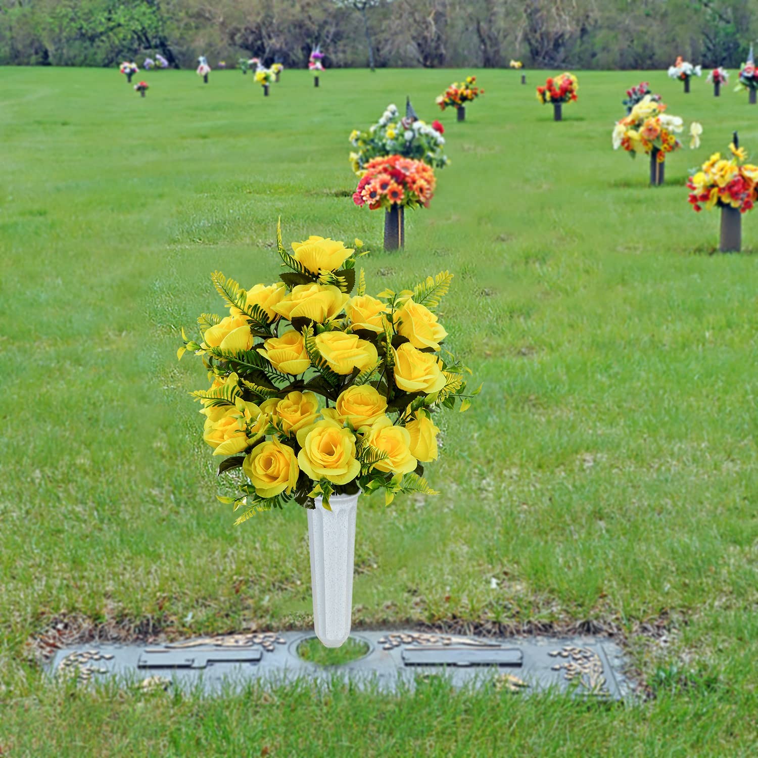 XONOR Artificial Cemetery Flowers with Vase, Set 18x5x5 inches, Yellow-2pcs