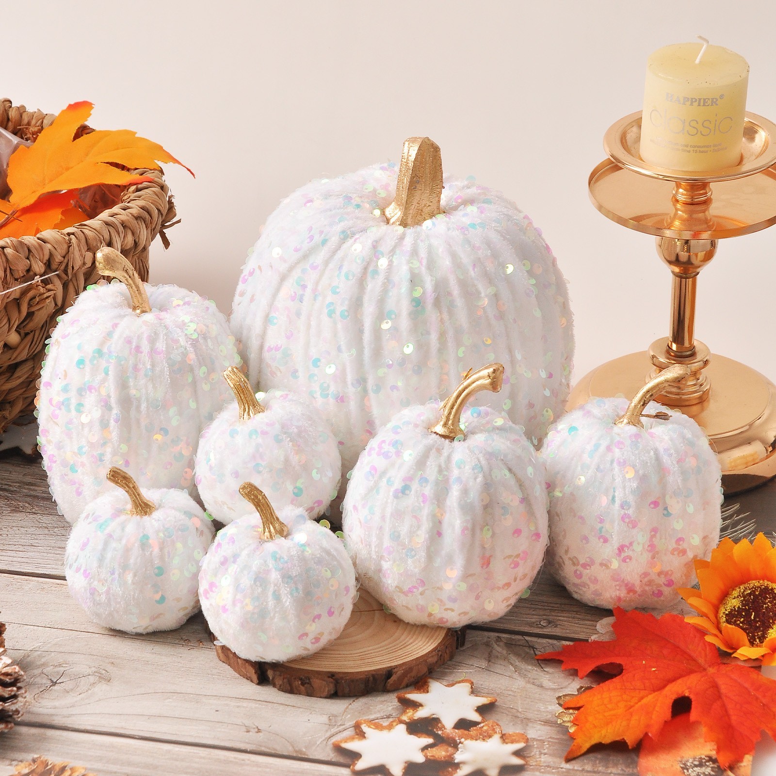 Sequin Pumpkin Decor 7 Piece Set in 4 Sizes for Table Centerpiece Display