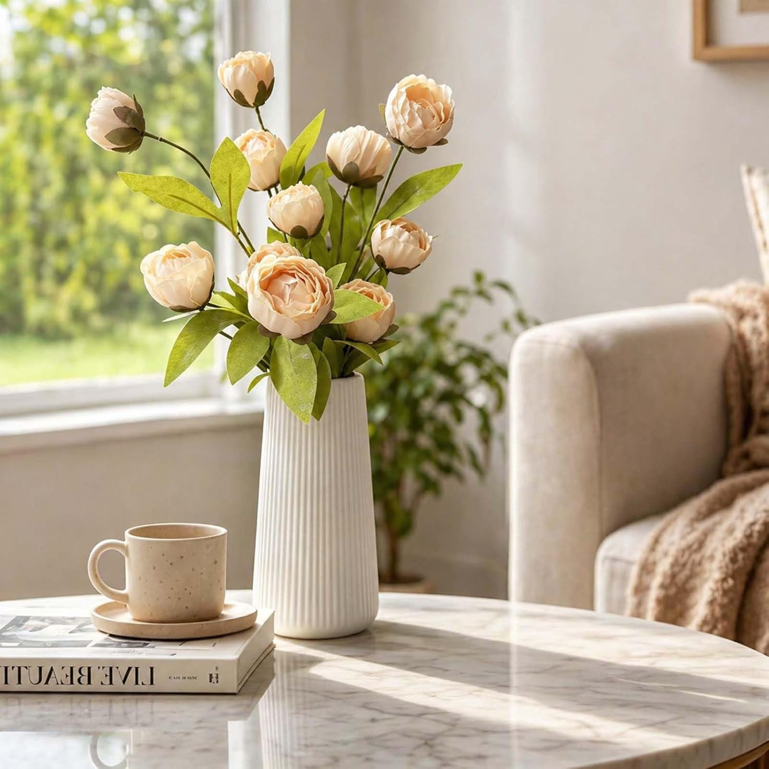 27″ Silk Faux Peony Flowers – 8 Pcs Bouquet for Home, Wedding, Table Decor