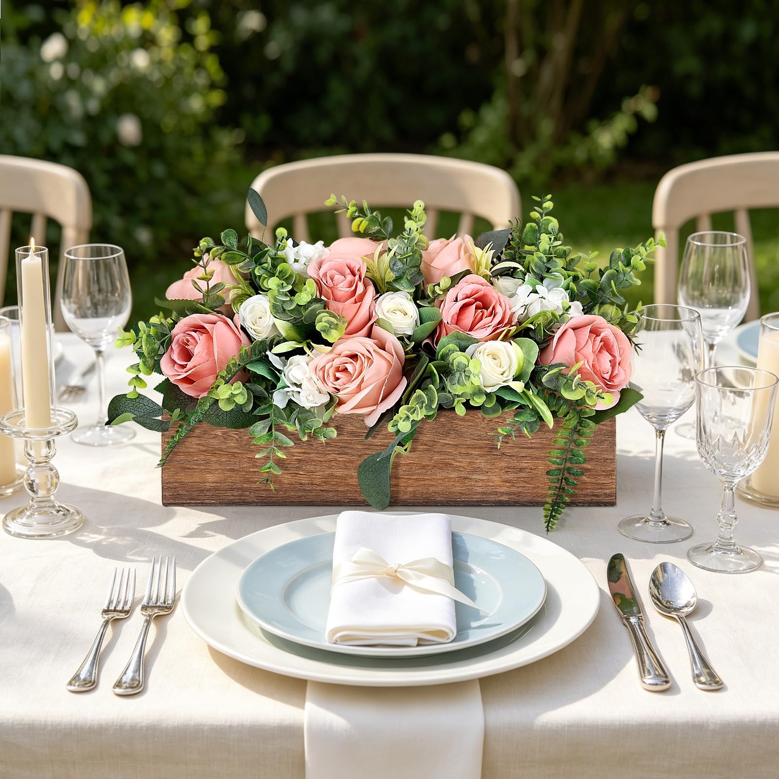 Artificial Dusty Rose Pink Table Centerpieces Wood Tray White Cream Wedding