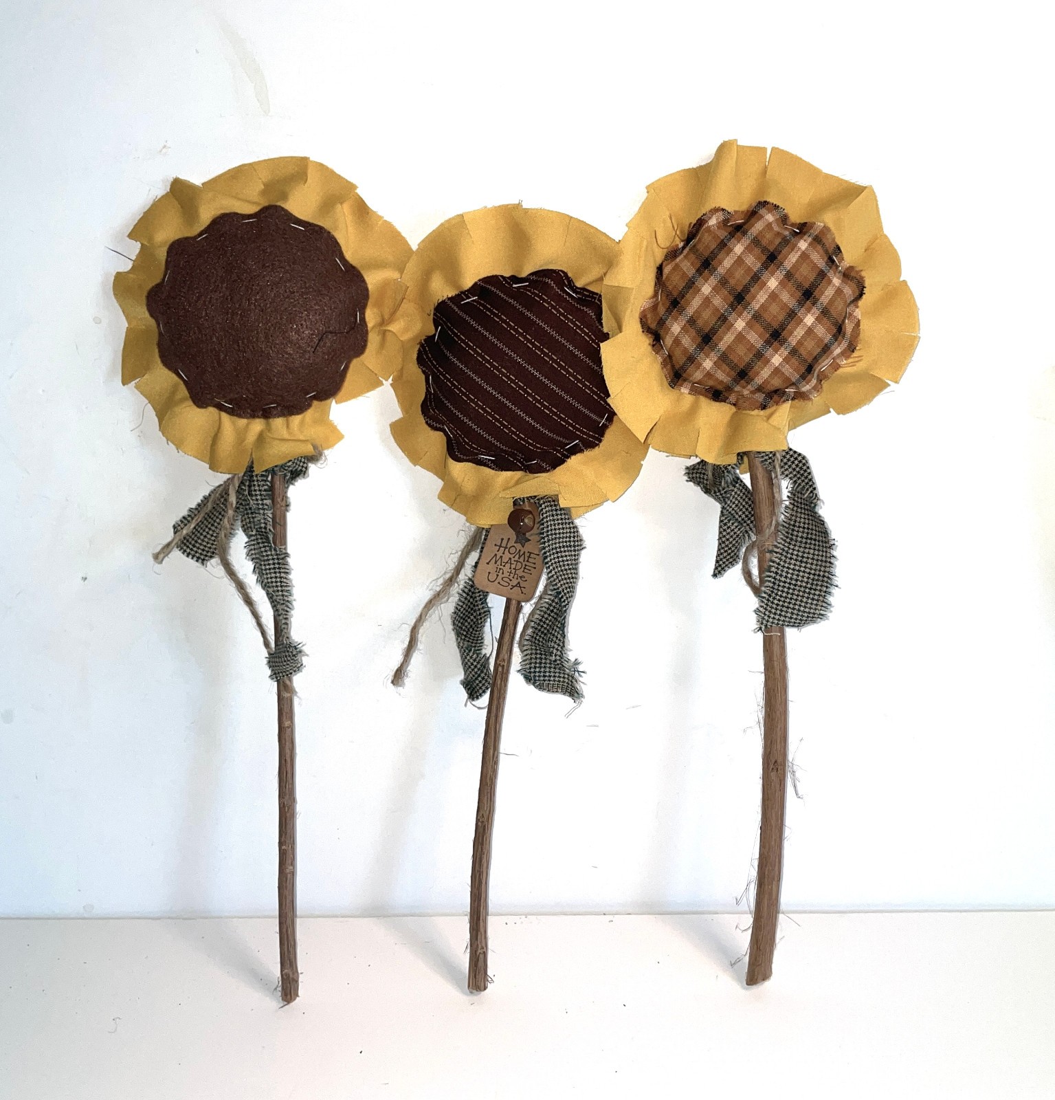 3 Handmade Primitive-Style Fabric Sunflower Flowers Floral Picks Pokes 12-13″