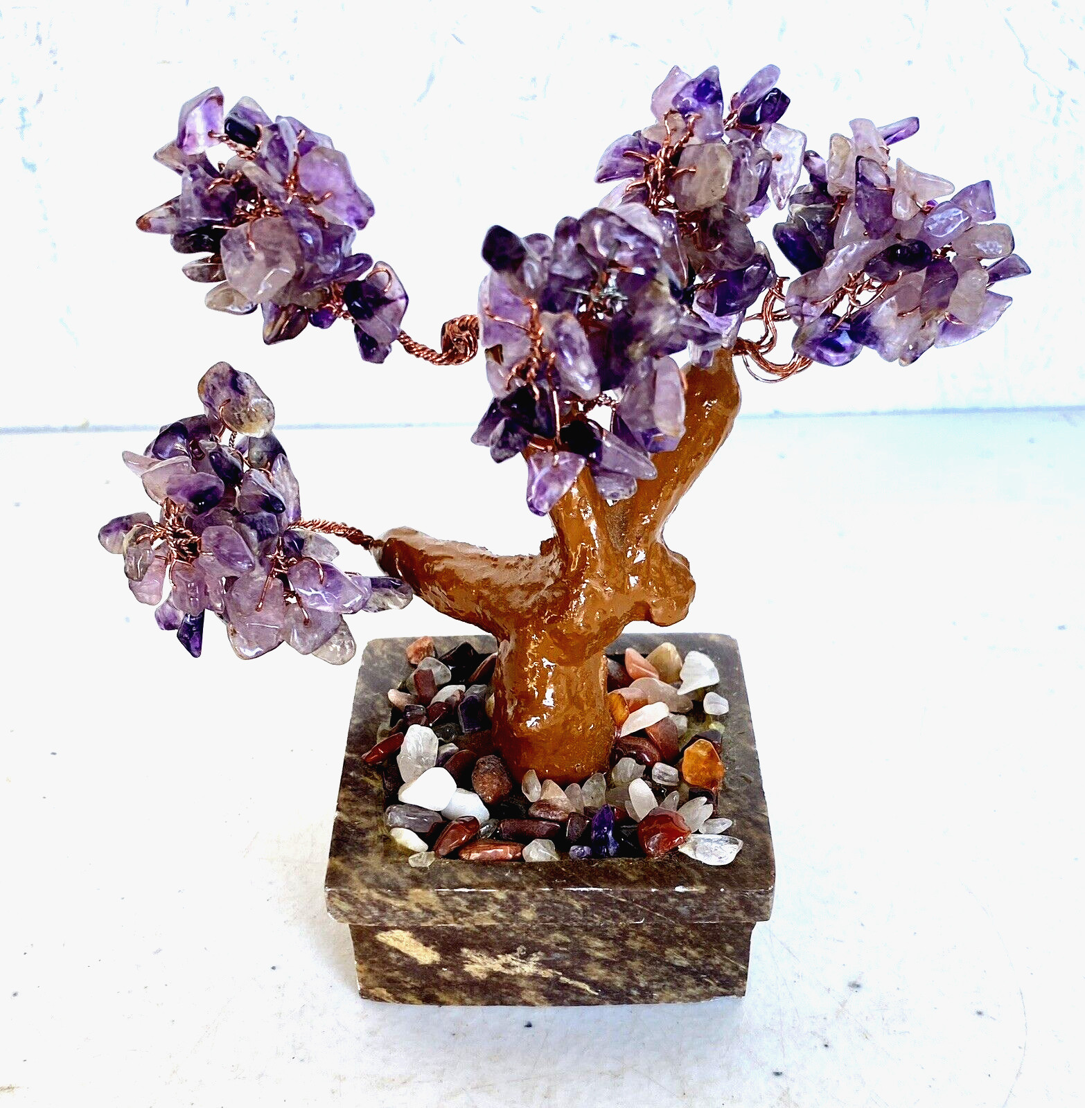 Vintage Polished Amethyst Chip Bonsai Tree Sculpture with Soapstone 4-3/4″ Tall