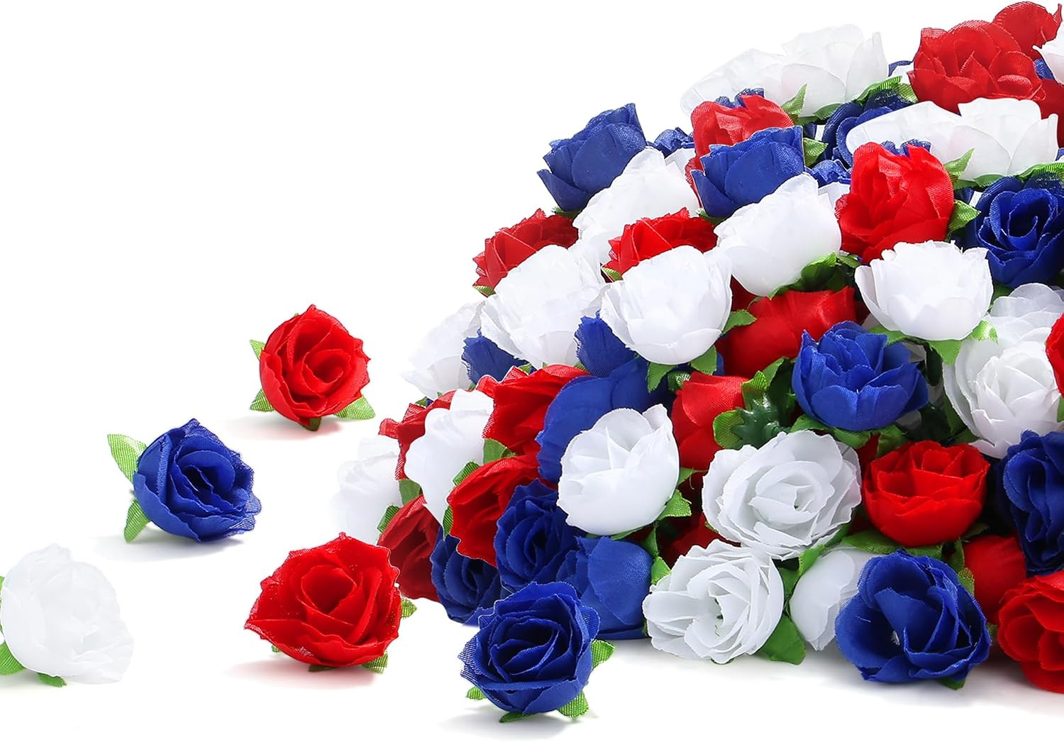 100 Pcs Mini Patriotic Roses Head 4th of July Artificial Flowers Small Rose f…