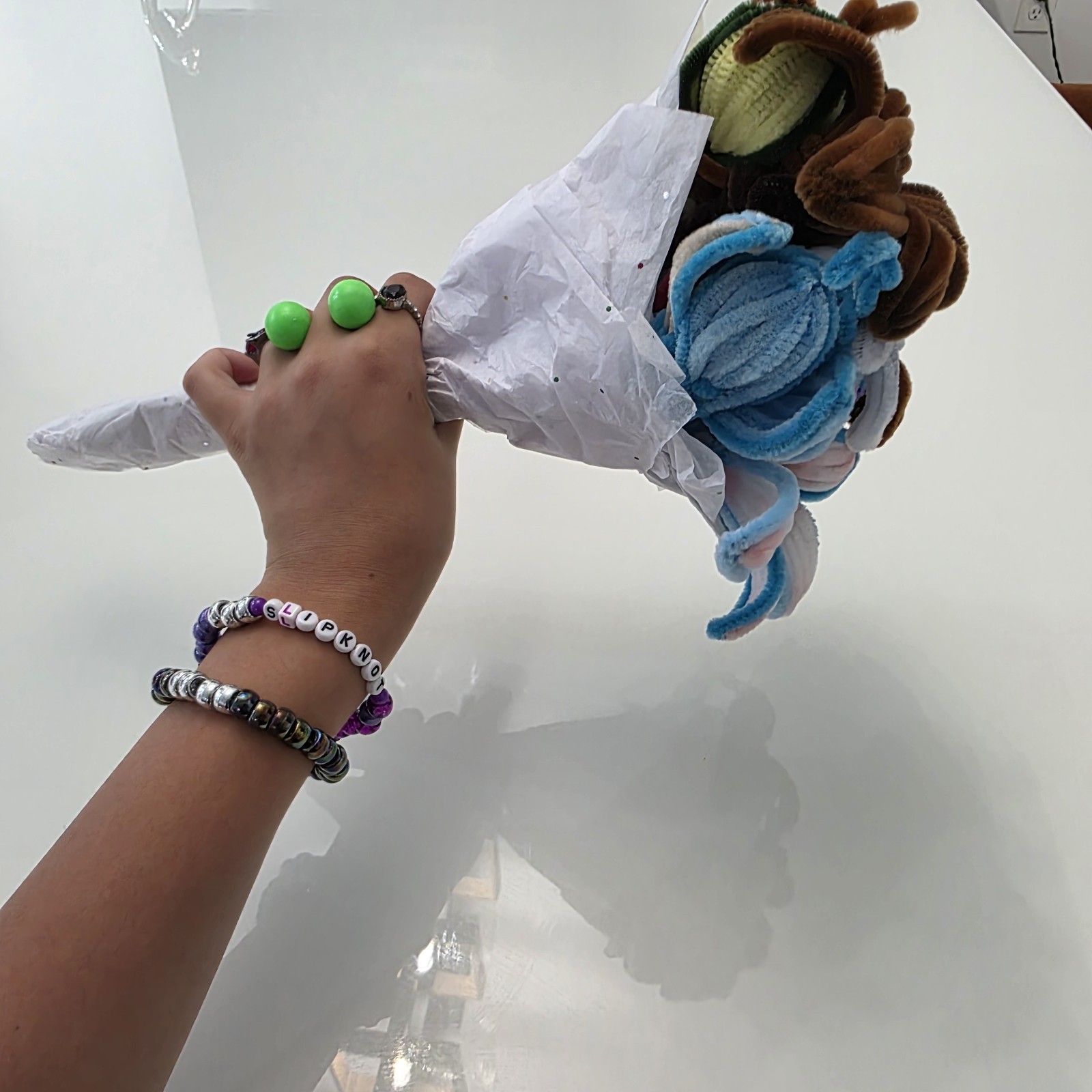 Handmade Pipe Cleaner Flower Bouquet, White Paper Wrap Brown/Blue/White