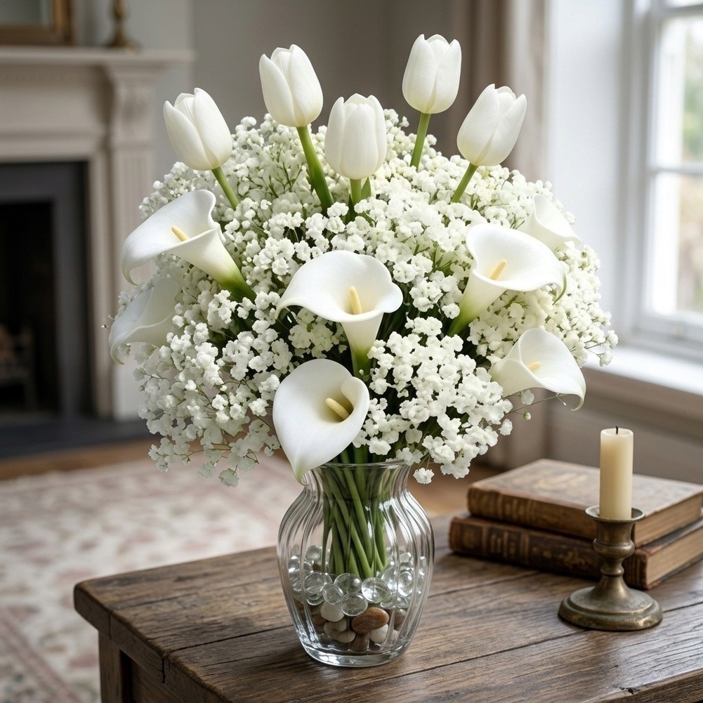 White Artificial Flower Bouquet 32 Stems Flexible Stems for Custom Arrangement