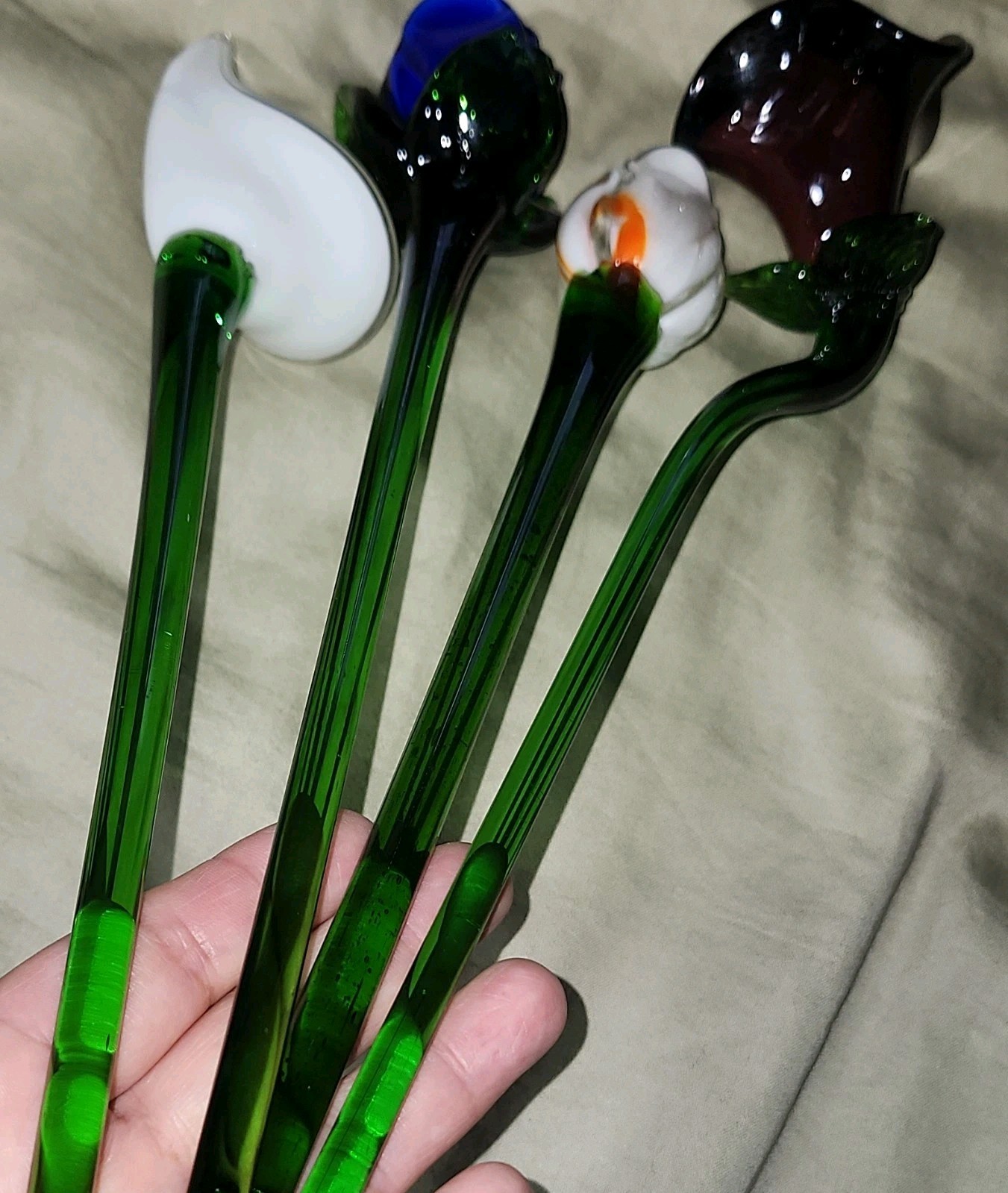 4pcs Hand Blown Glass Flower Stems Rose & Calla Lily Multicolor 12 in