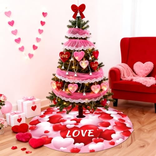 Valentine’s Day Tree Skirt 48 Inch ，Heart Suede Tree Skirt for 48inch Pink