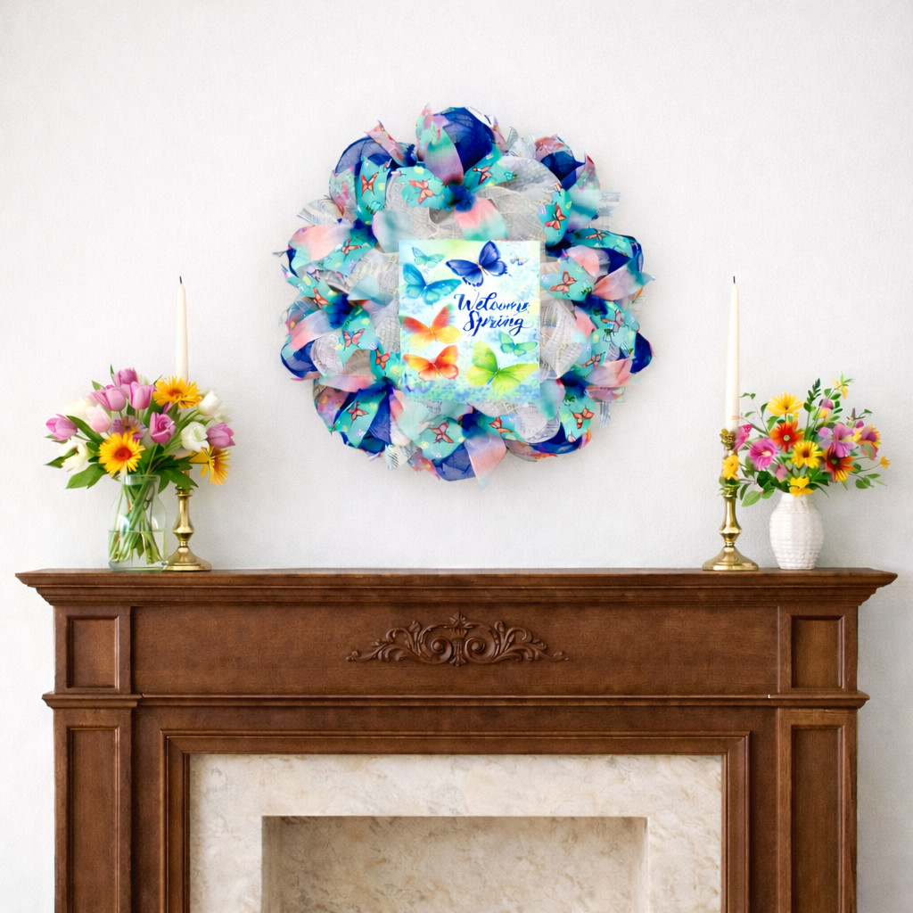 Welcome Spring Butterfly Wreath Handmade Deco Mesh Wreath