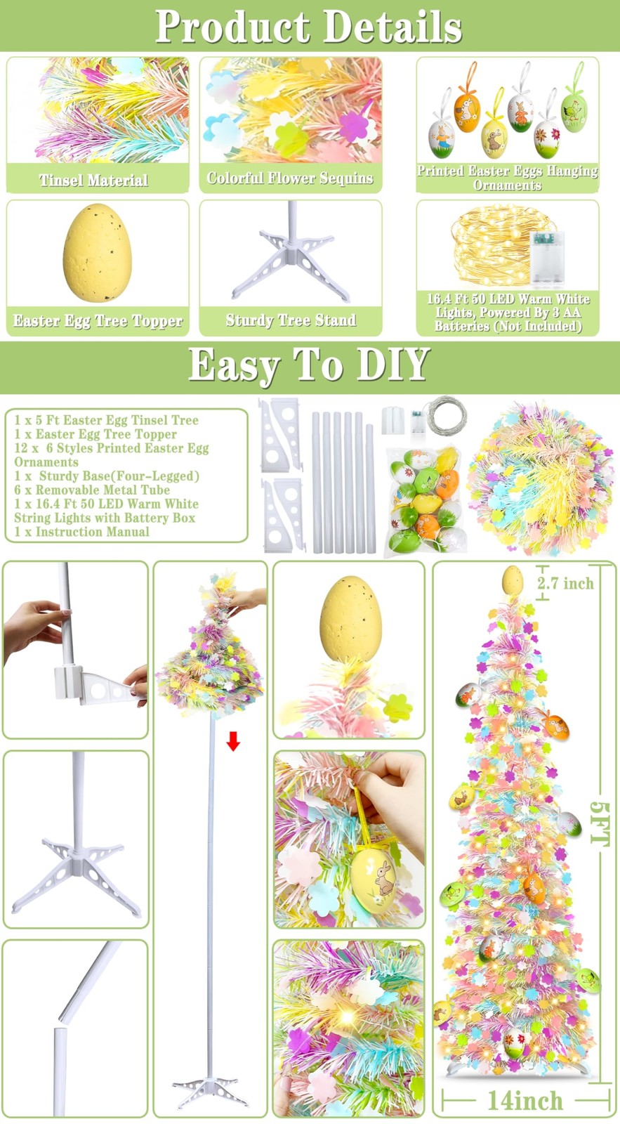 Timer – Easter Decorations, 5Ft Lighted Easter Tree with 50 LED Warm White Light