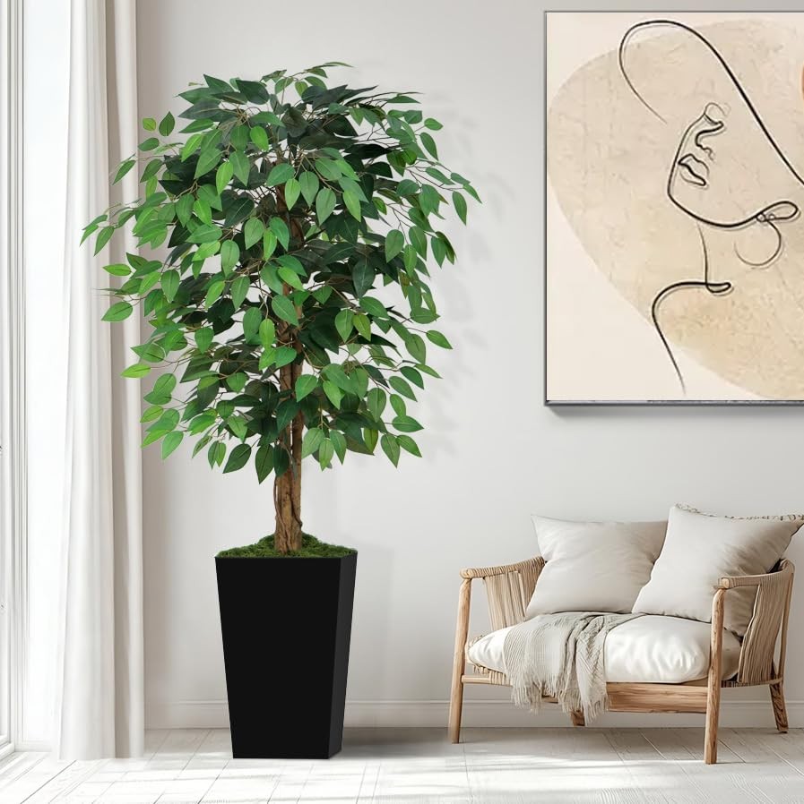 Keeplush 5ft Ficus Artificial Tree with 3 Natural Curved Trunks, 60″ Tall Lus…