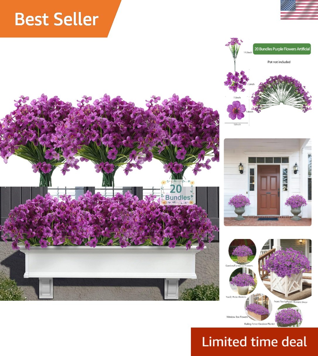 Vibrant 20 Bundle Set of Purple Artificial Flowers for Patio and Garden Design