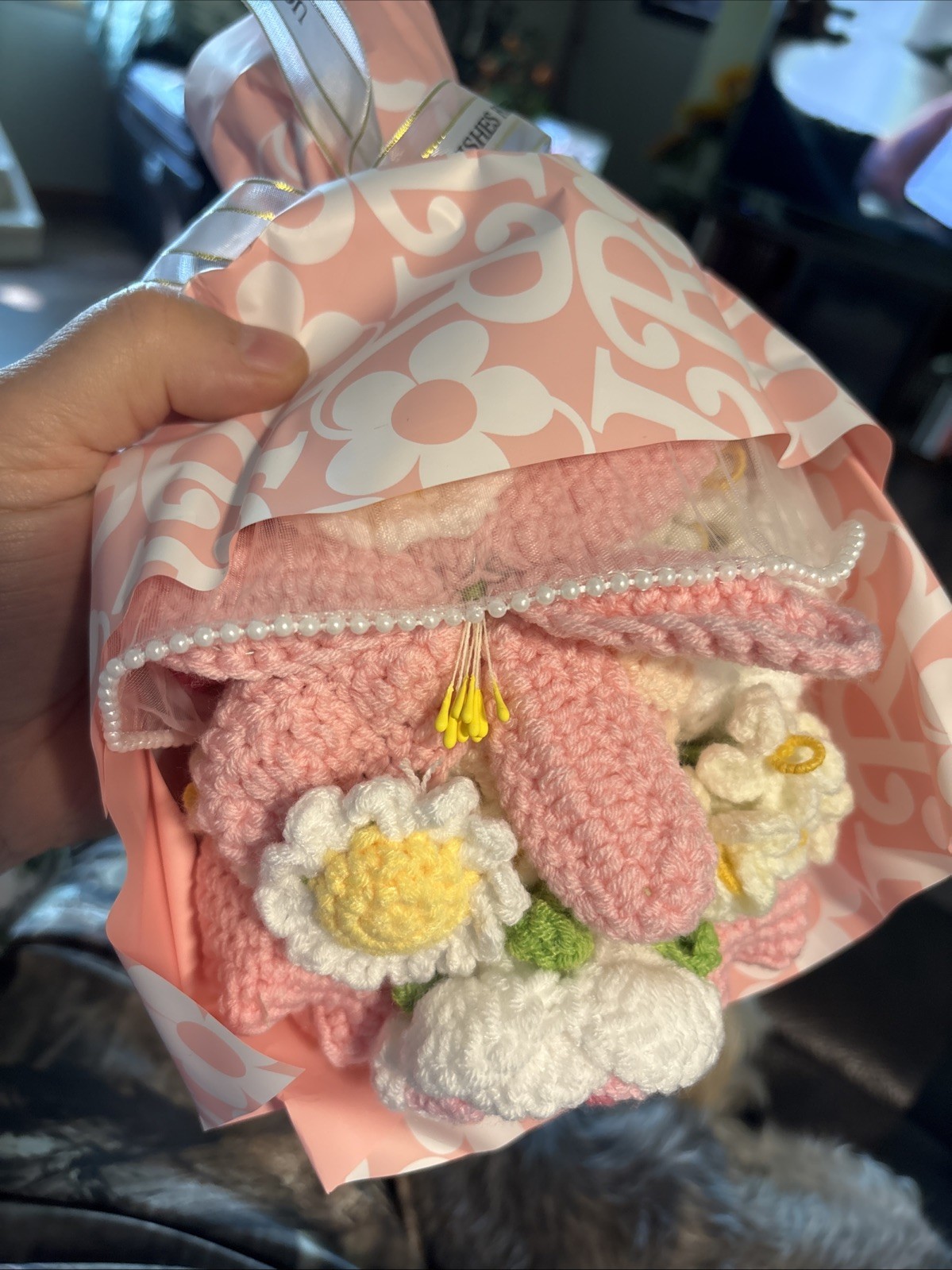 HANDMADE Crochet Yarn Daisy Flower Bouquet, Artificial Pink/White/Yellow NIB
