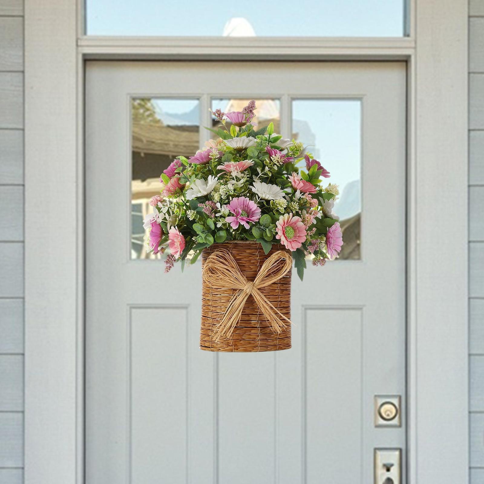 Front Door Hanging Basket Wreath Welcome Sign Olive Leaves Artificial Daisy