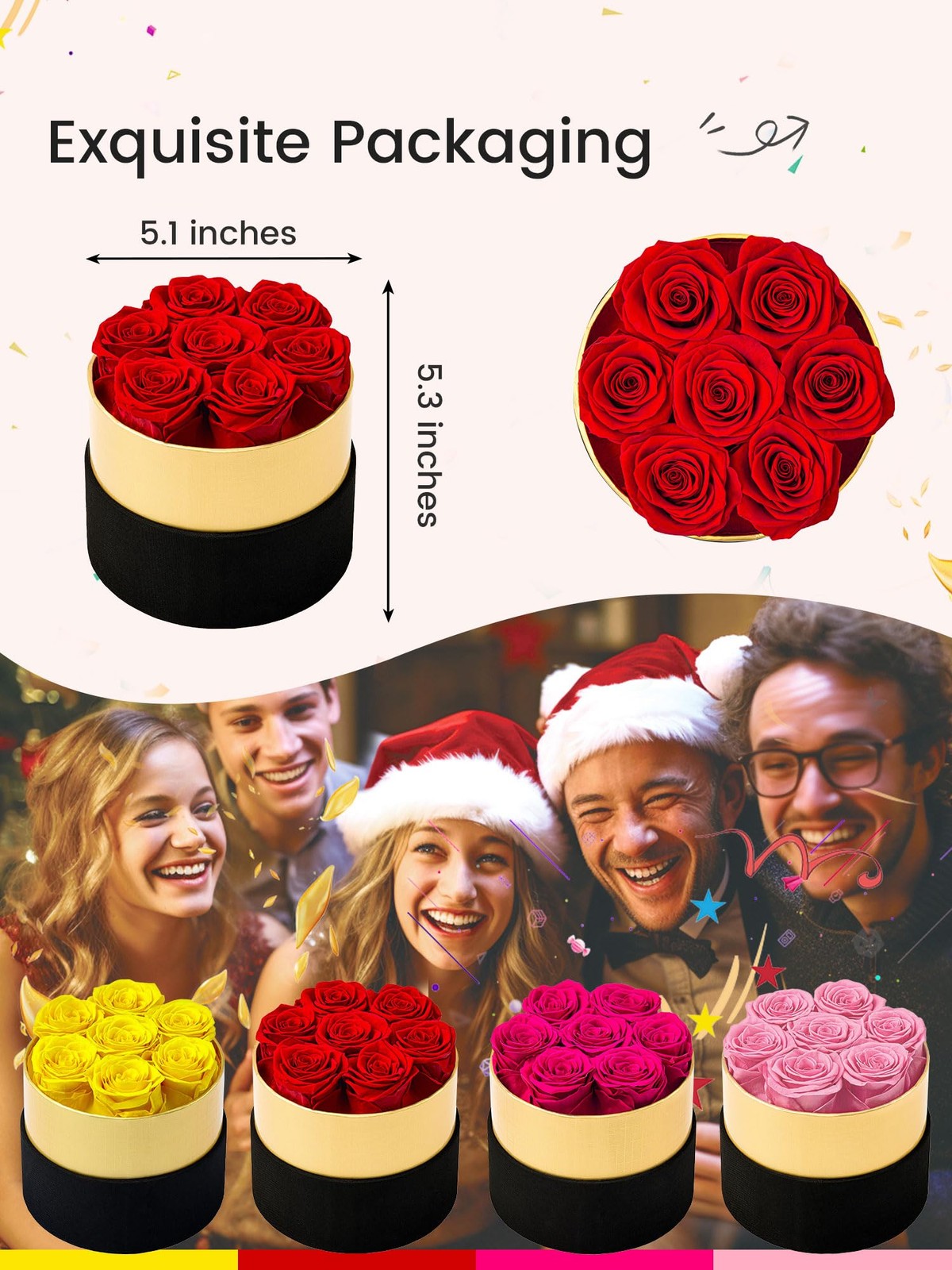 Long Lasting Preserved Forever Roses In Black Round Gold Box Red Flower