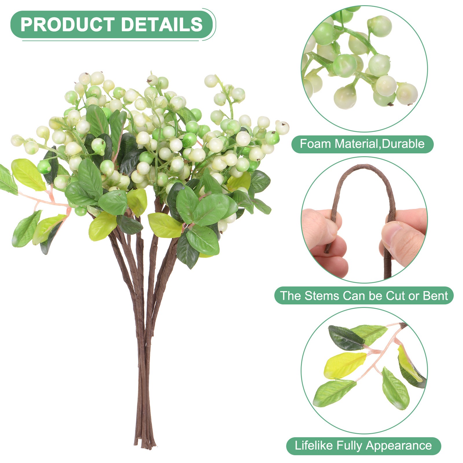 6-Pack Artificial Berry, 9.8 Inch for Home Decor/Wedding [White Green]