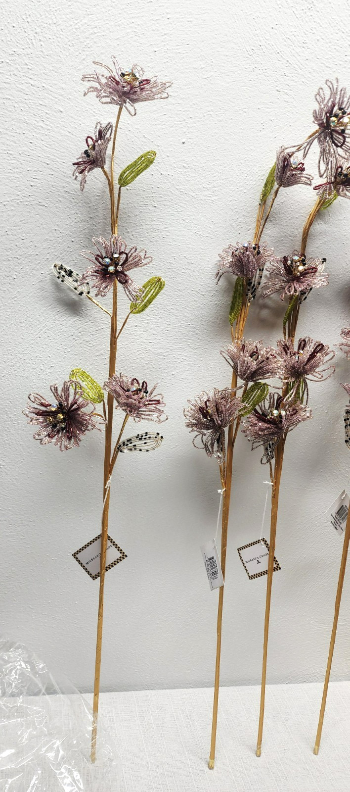 Mackenzie Child 4 Glass Beaded Mauve Flower Stems NWT (1 STEM FLAW – SEE PIC)
