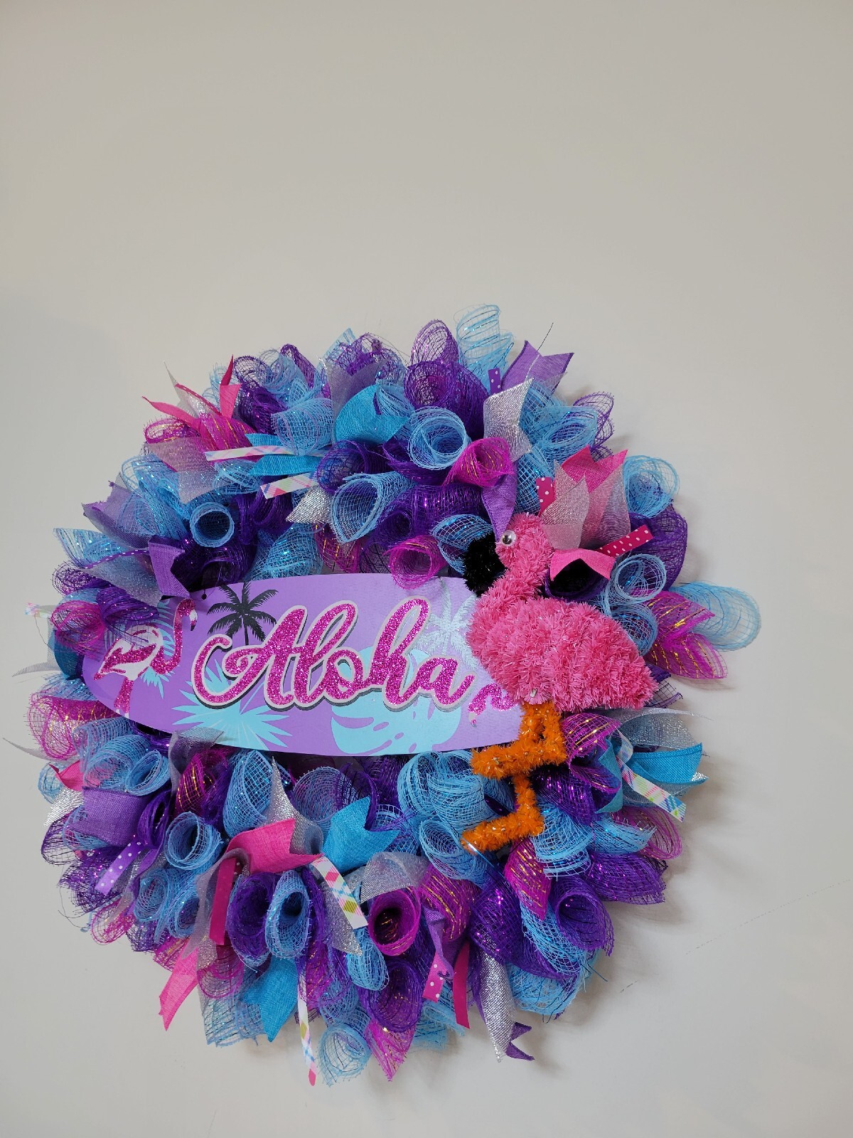 ALOHA Summer Spring Mesh Front Door Wreath Wall Decor BRIGHT Purple Pink Blue
