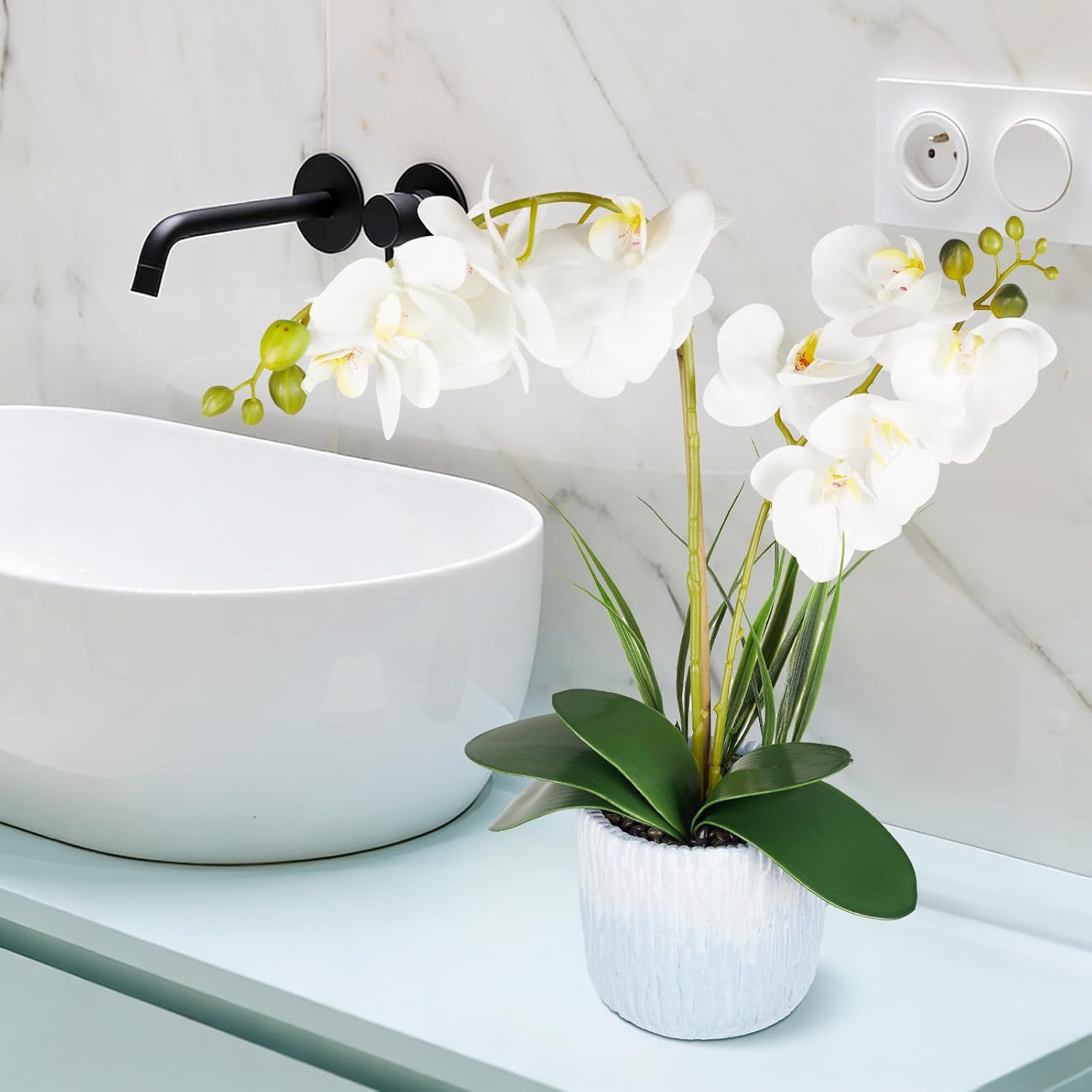 Real Touch Faux Orchid Plant in Ceramic Vase – 20.87” White Centerpiece