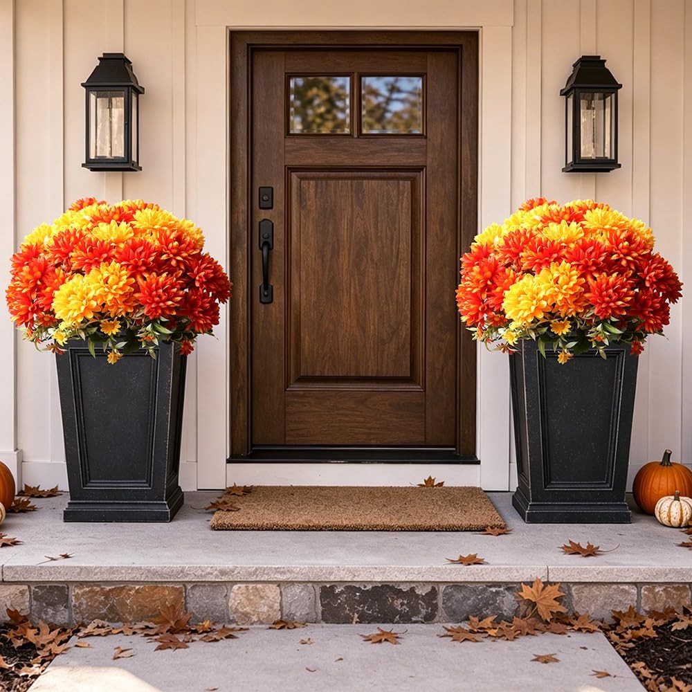 Artificial Fall Flowers for Outdoors Faux Mums Burnt Orange Yellow Marigold O…