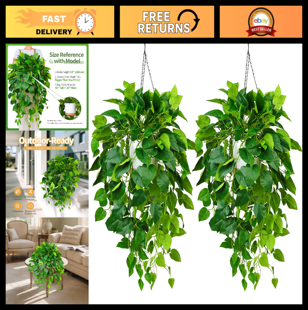 40″ Artificial Ivy Hanging Plants – 2PCS Potted Trailing Greenery for Indoor/Out