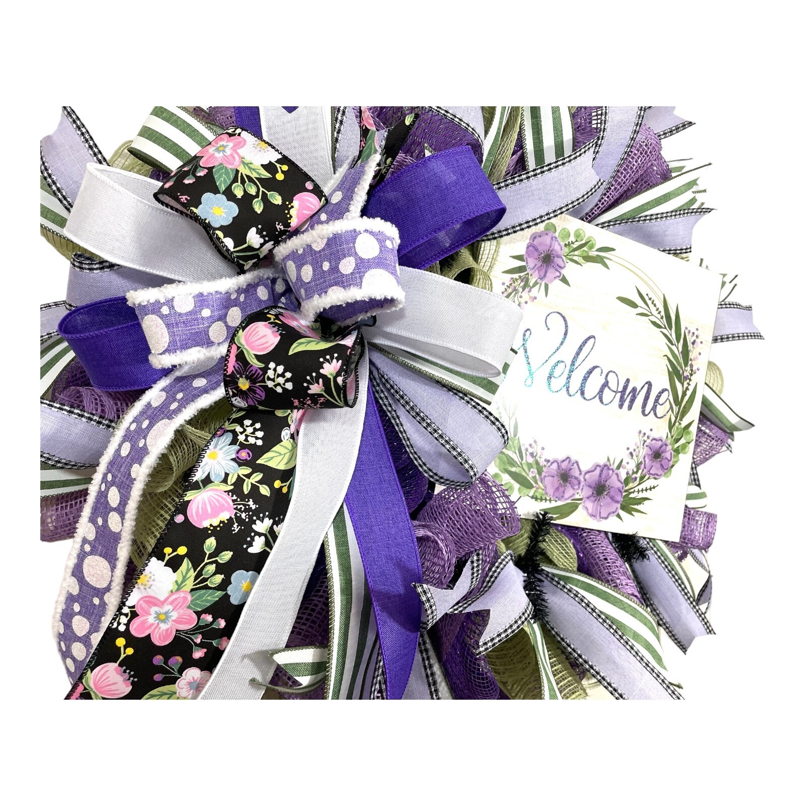 High-End Purple “Welcome” Door Wreath, 24″ diameter with 10″x10″ wood sign