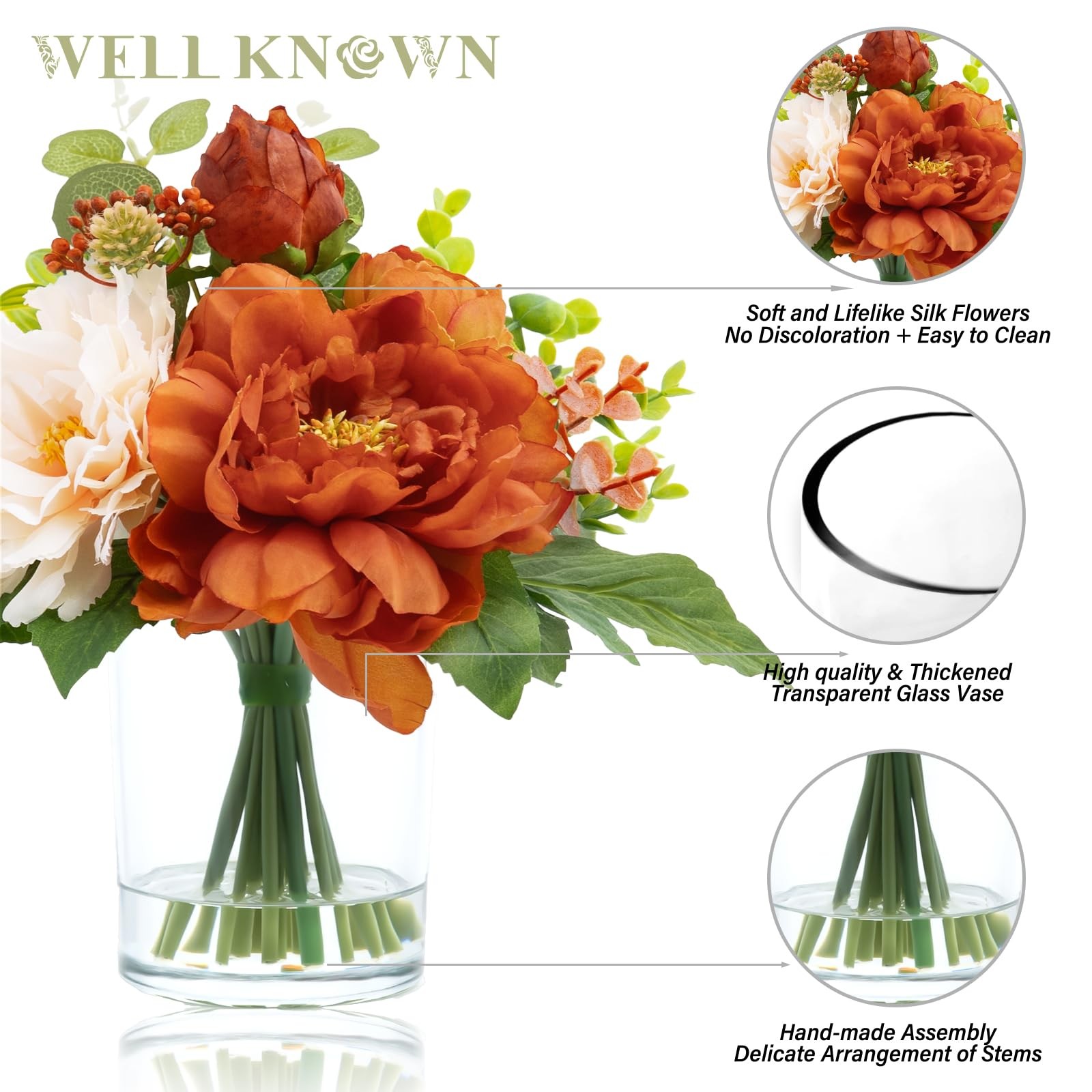 Artificial Flowers in Glass Vase with Fake Water, Burnt Orange & Champagne Si…