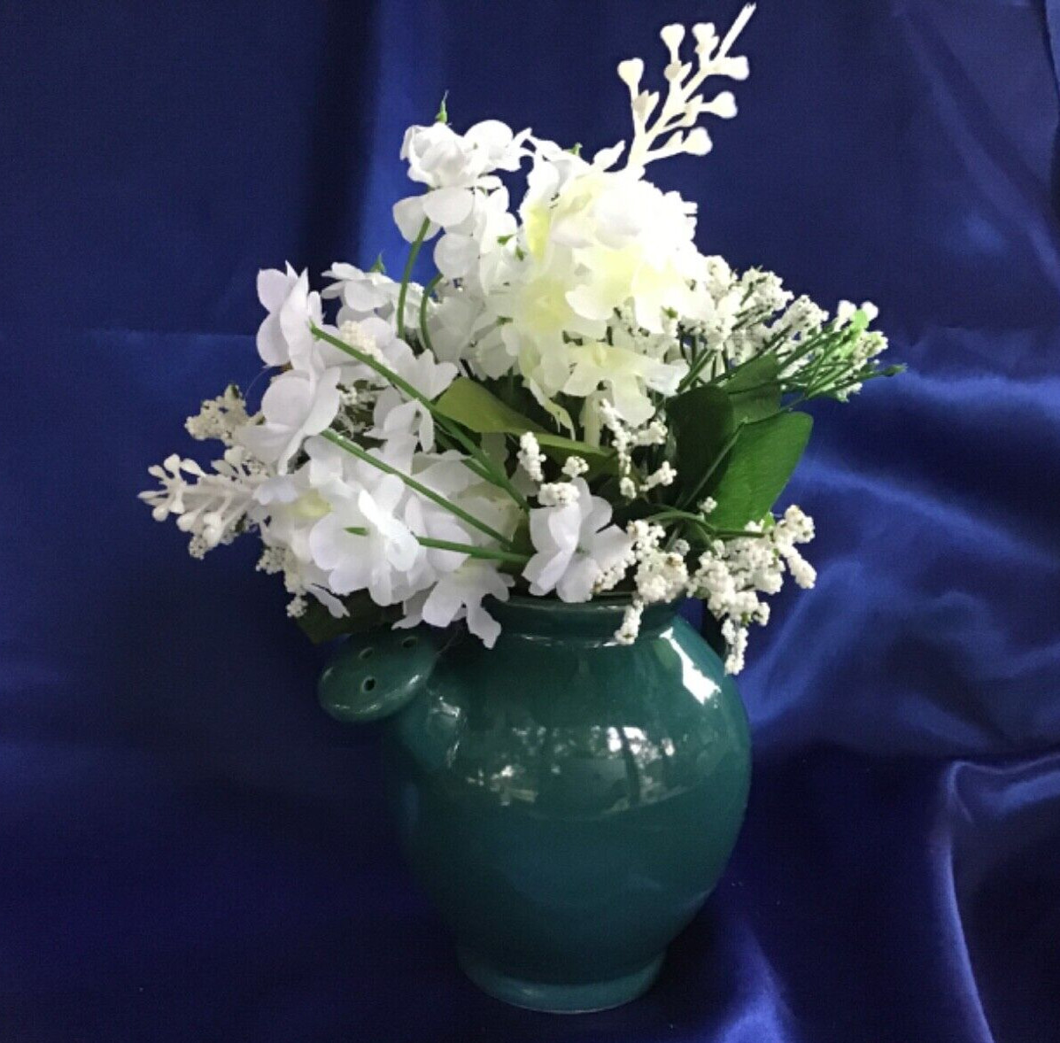 Vintage Farm House Green Ceramic Watering Can Planter Floral Arrangement