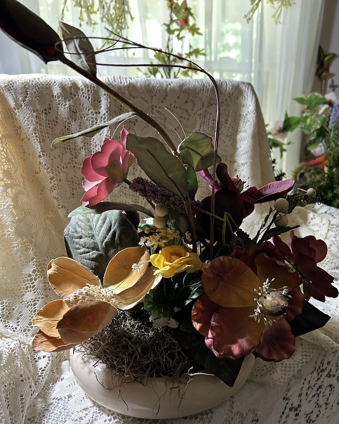 Exotic Artificial Floral Arrangement In A Porcelain Dish Made In Portugal
