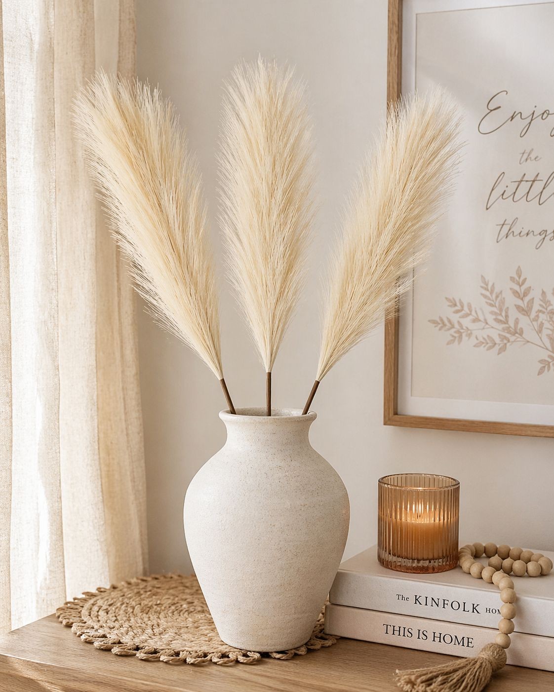 Cream Pampas Grass 3 Stem Faux Pampas Beige Boho Decor Neutral Vase Filler Farmh
