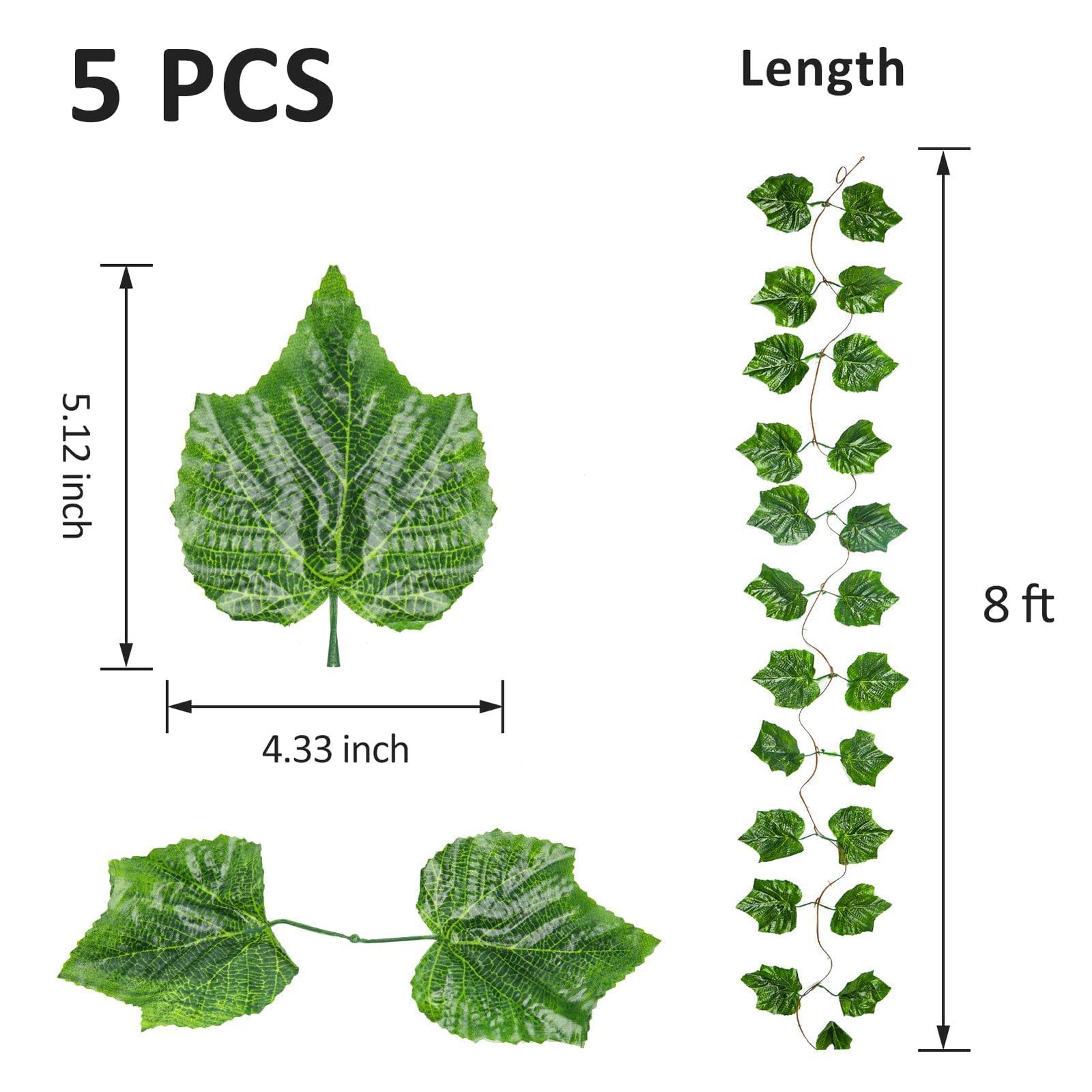 8 Ft 5pcs Artificial Greenery Ivy Vine Plants Foliage Grape Leaves Vine Simul…