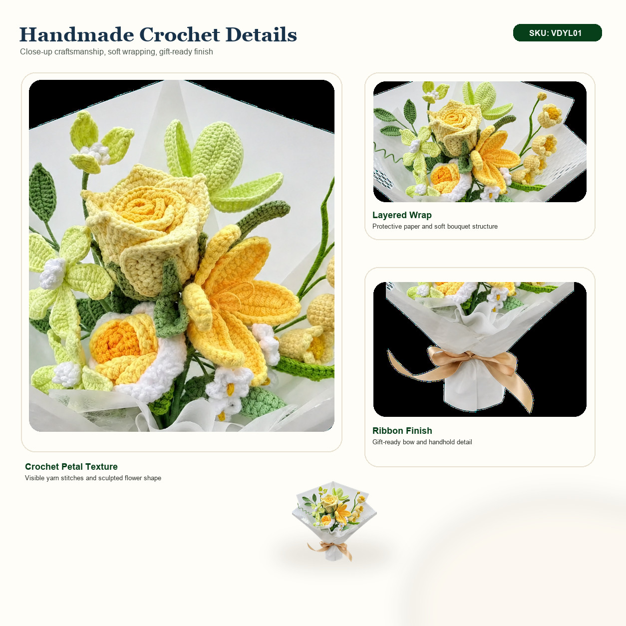 Yellow White Rose Daisy Crochet Bouquet Thank You Get Well Birthday Gift