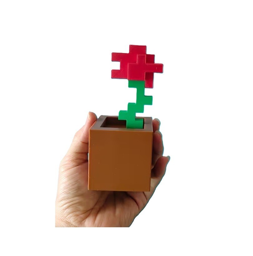 Pixel Rose Flower Decor 3D Printed Block Style Desk Ornament Home Office