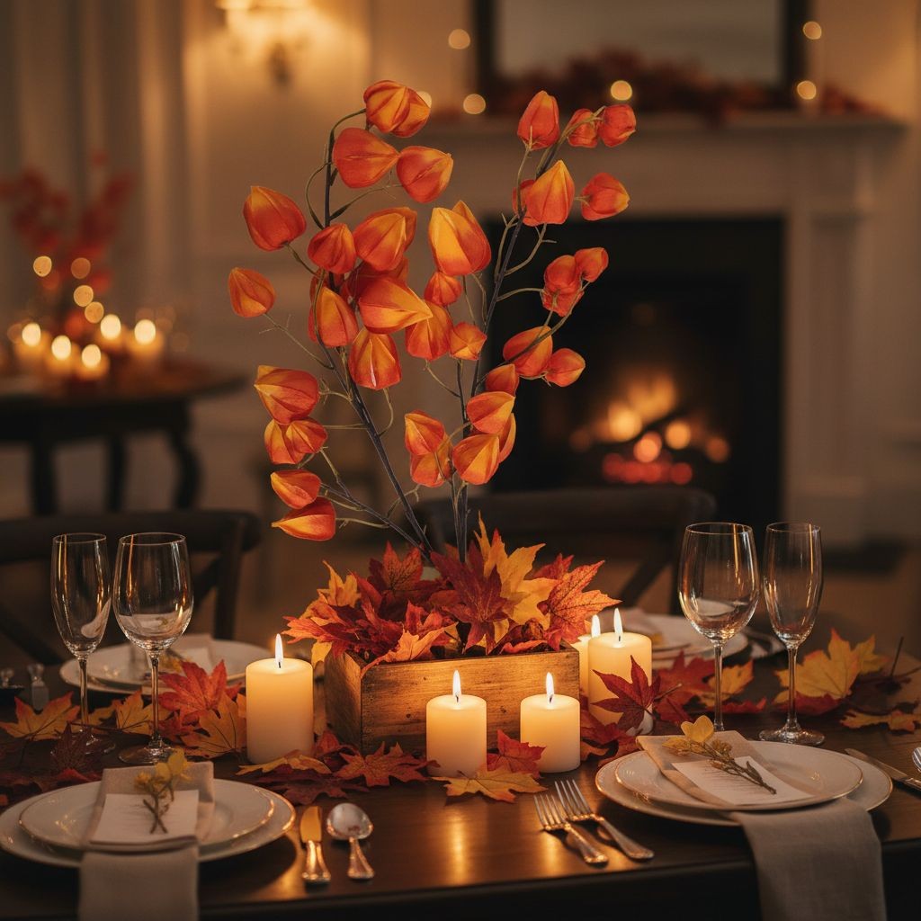 Artificial Orange Chinese Lantern Flower Stems Set of 2 Tall Faux Autumn Branche