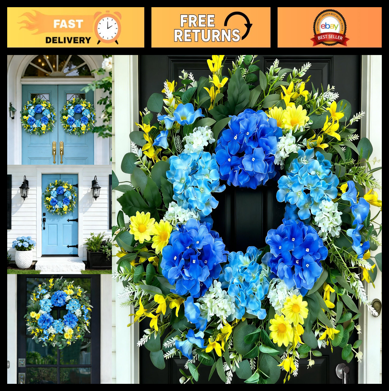 Large 26″ Artificial Spring Wreath – Silk Hydrangea, Yellow Daisy & Eucalyptus –