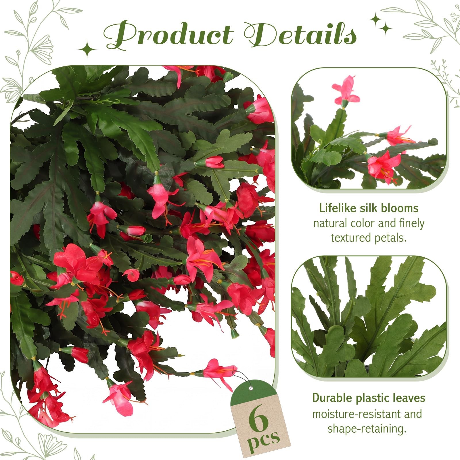 6 Pack Artificial Christmas Cactus Flowers No Pot 11” Tall 18” Wide Faux Ca…