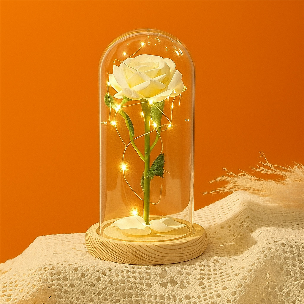LED White Rose in Dome Romantic Light-Up Gift for Weddings Valentine Anniversary