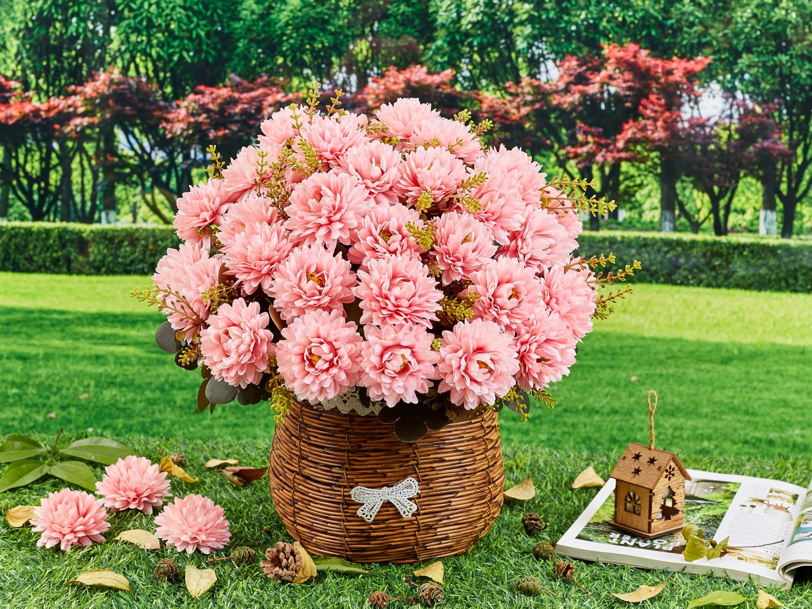 18 Heads Pink Artificial Chrysanthemum Flowers Fake Mums Pink Kiku Ball Flowe…
