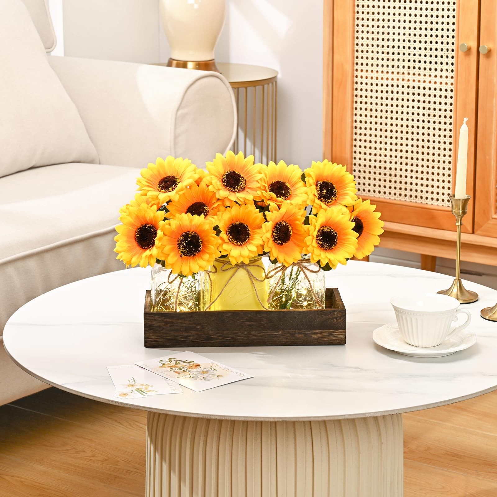 Centerpiece Table Decorations – 3Pcs Sunflowers Artificial Flowers in Mason Jars