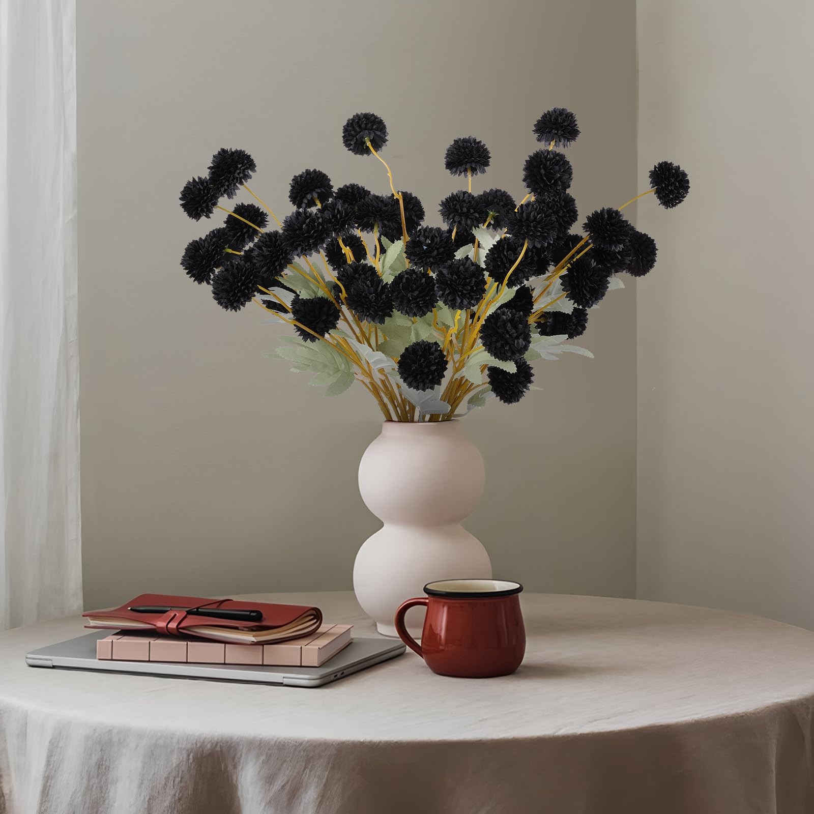 12 PCS Artificial Black Chrysanthemum Kiku Pom Mums Faux Floral Halloween