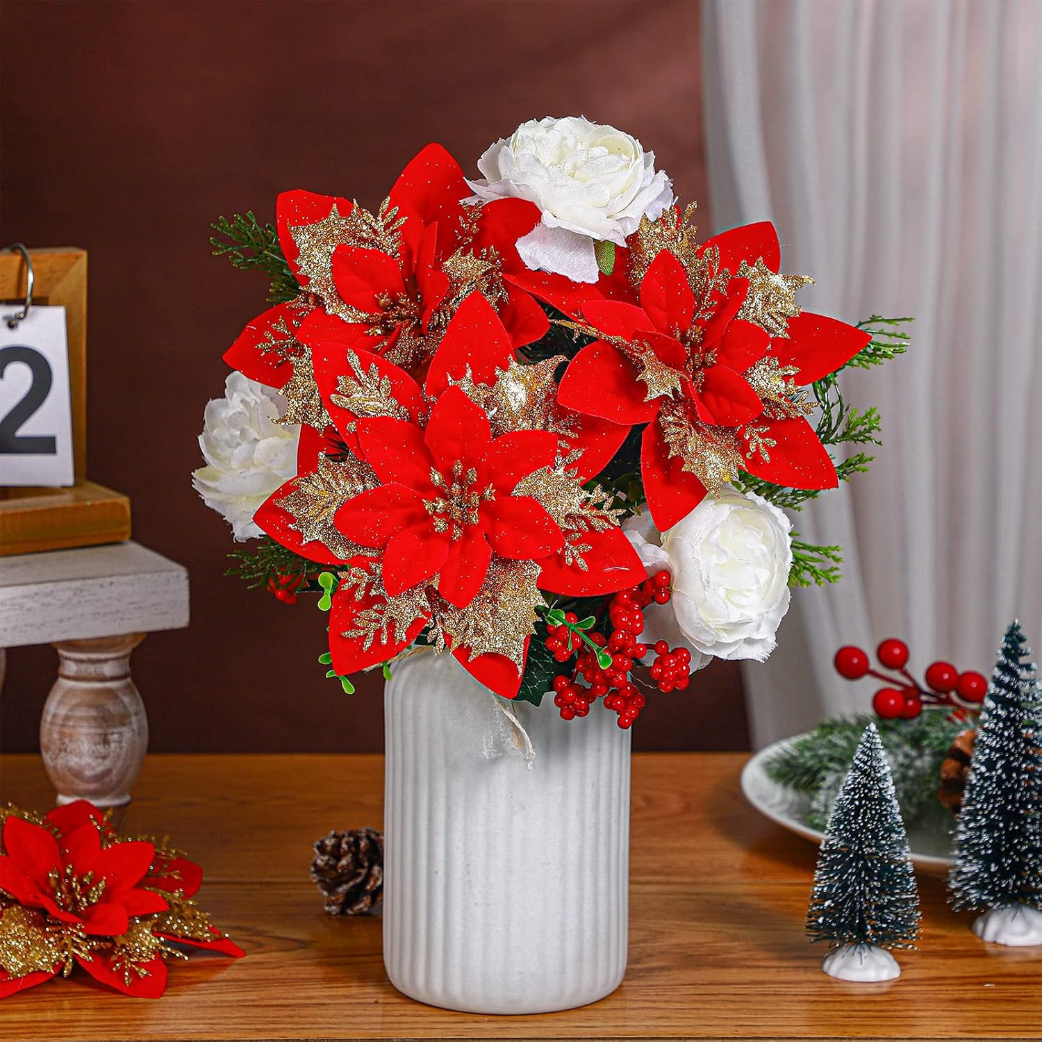 4 Pack 13.8 Inch Faux Velvet Poinsettia Carnation Berry Xmas Bush for Indoor Out