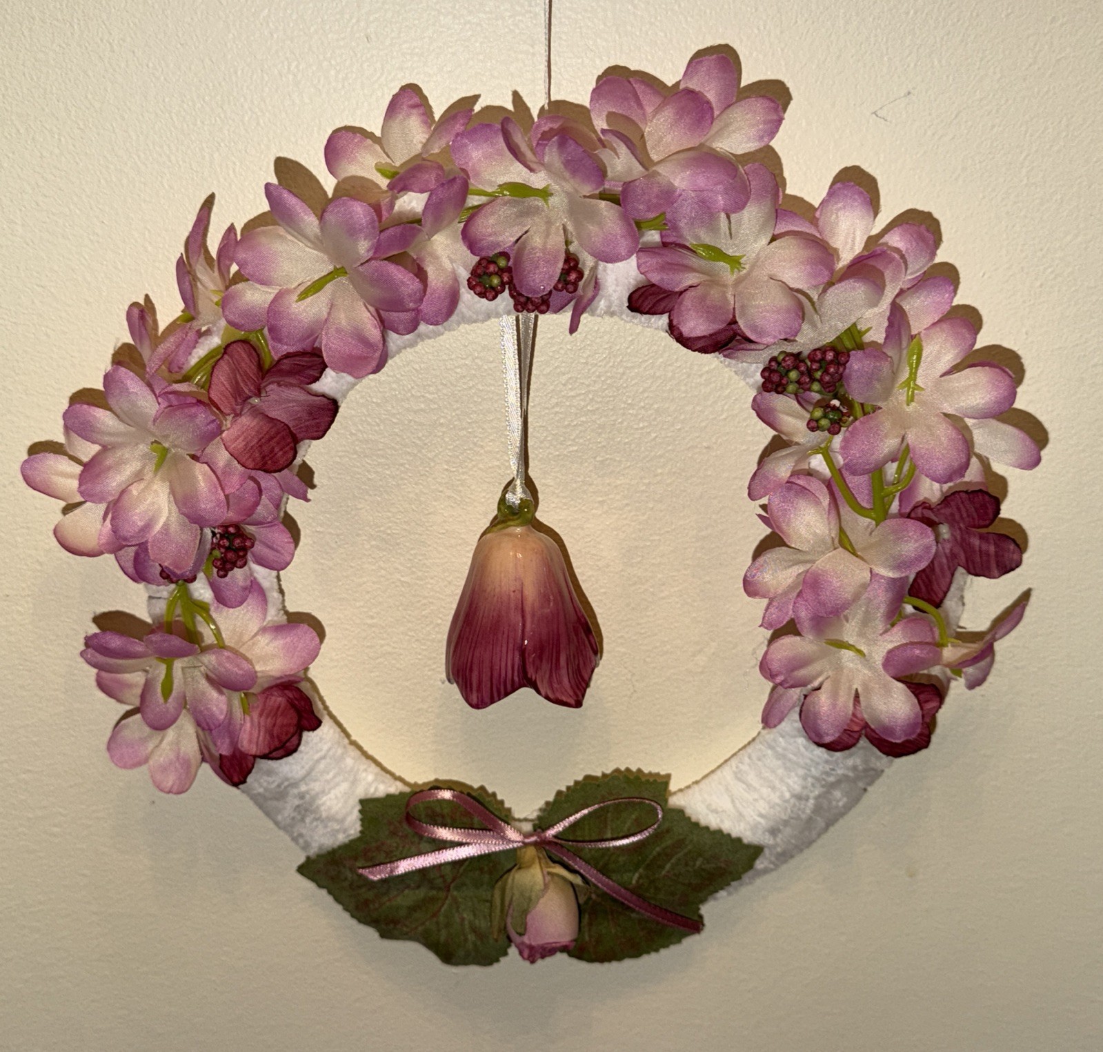 Pink Cherry Blossom Silk Floral Wreath W/Bell-Shaped Dangle Ceramic Flower Cheni