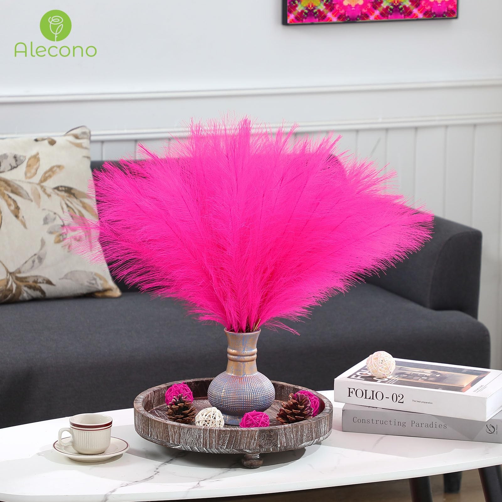 Hot Pink Pampas Grass 17in 𝟯𝟬𝙋𝙘𝙨, Artificial Faux Fluffy Pampas Grass De…