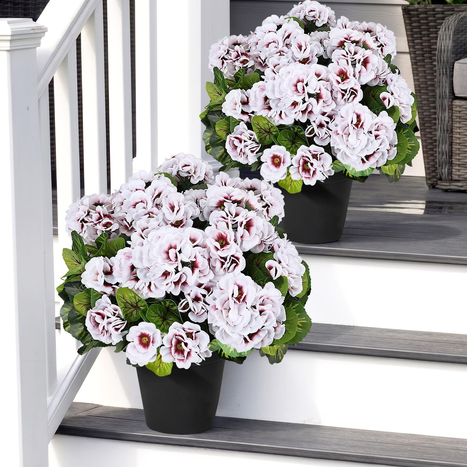 Set of 2 Artificial Geranium Potted for Outdoor, Pre-Made, White