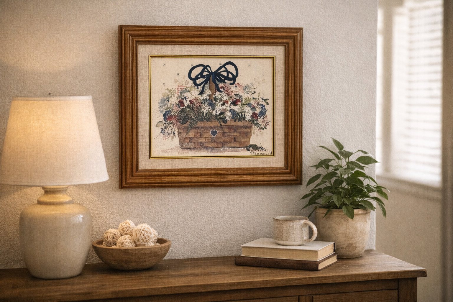 Pat Richter Tie A Navy Ribbon Framed Wall Art Vintage floral artwork wall decor