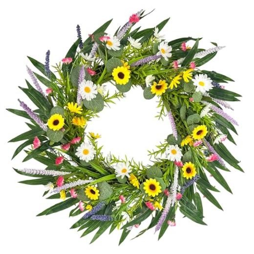 20″ Artificial Summer Wreath for Front Door – Sunflower Daisy Yellow – 20in