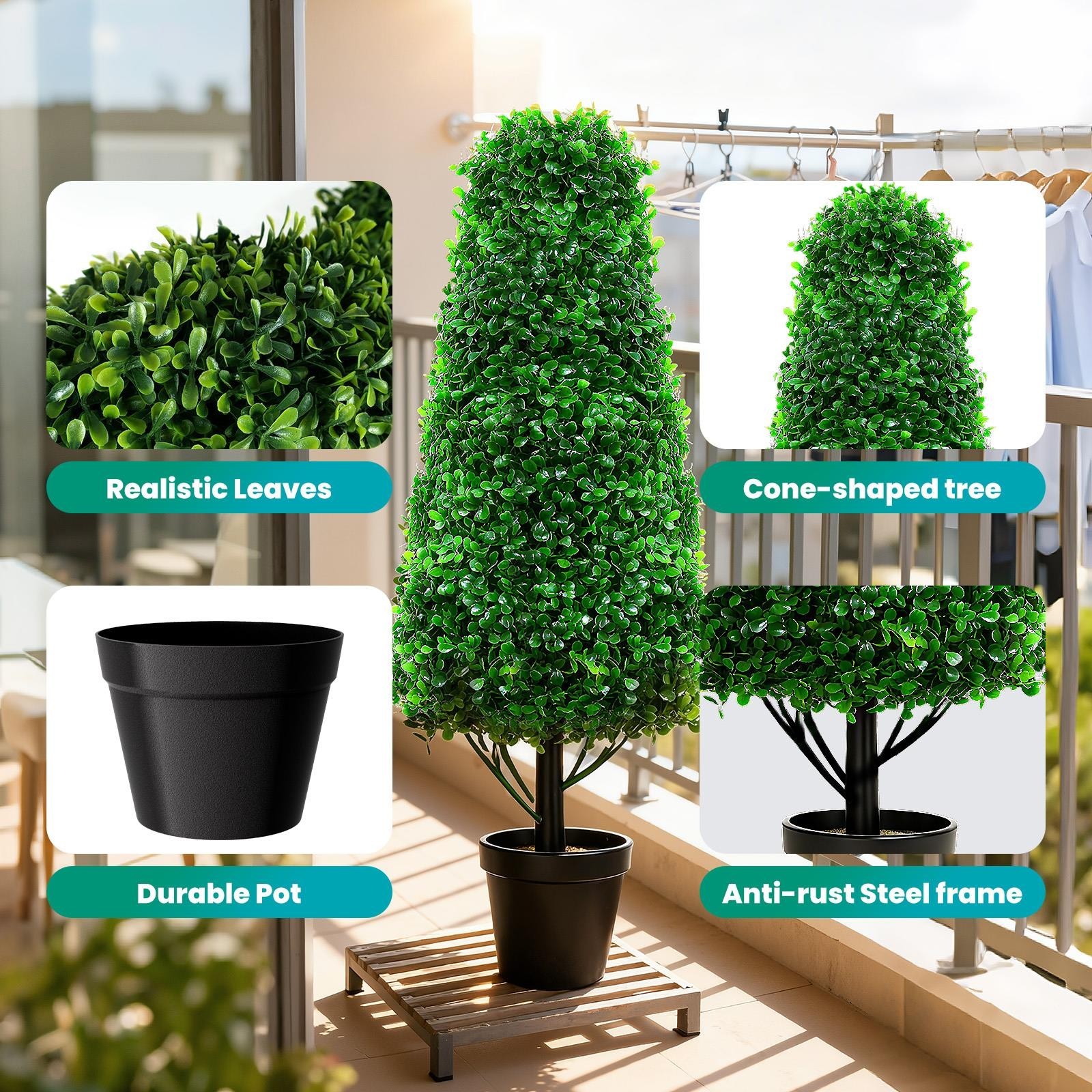 3′ Artificial Boxwood Cone Topiary Tree 2Pcs 3′ Tower Tree for Indoor & Outdoor