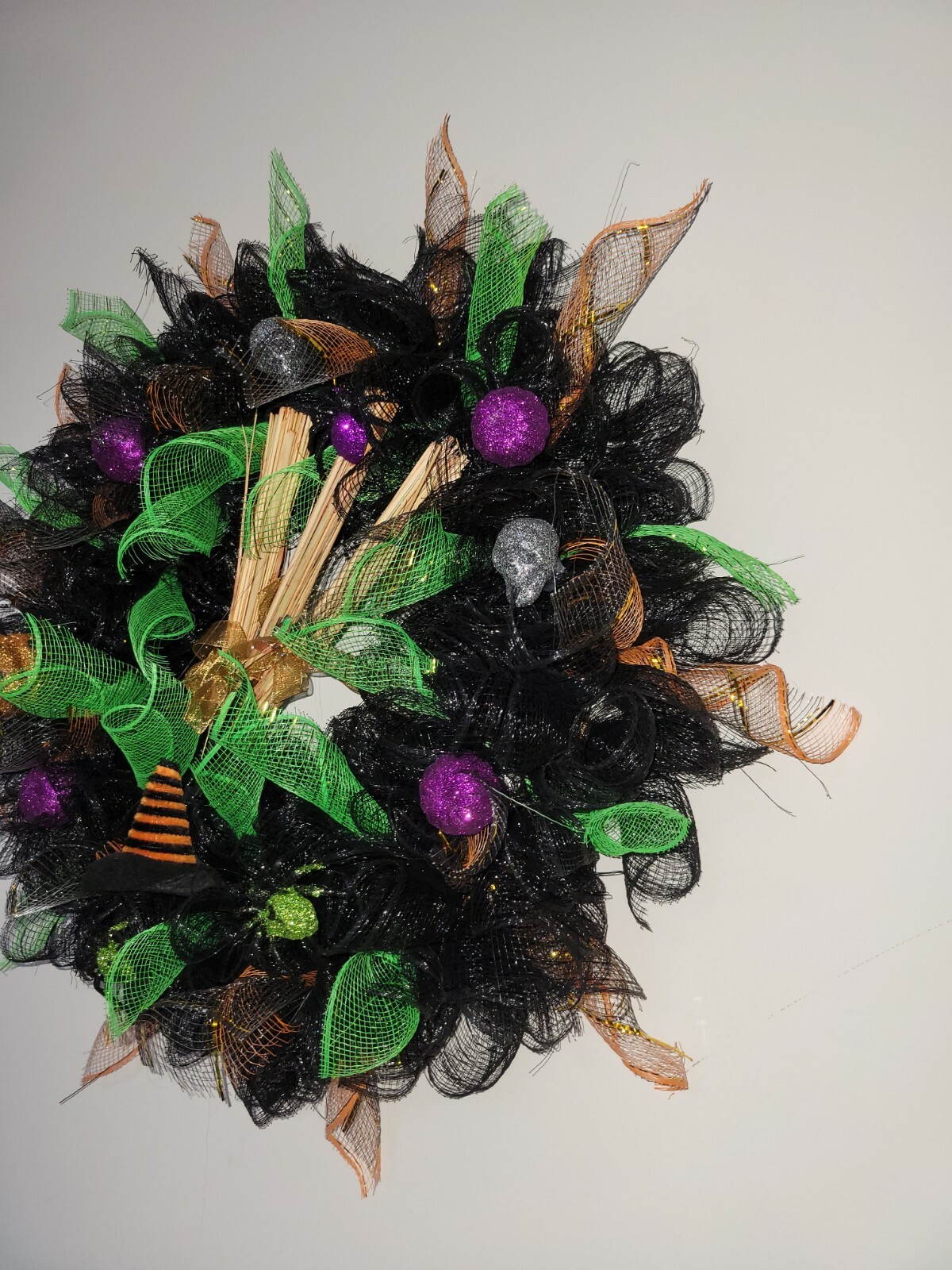 Halloween Deco Mesh Front Door Wreath Wall Decoration 18″ purple green black